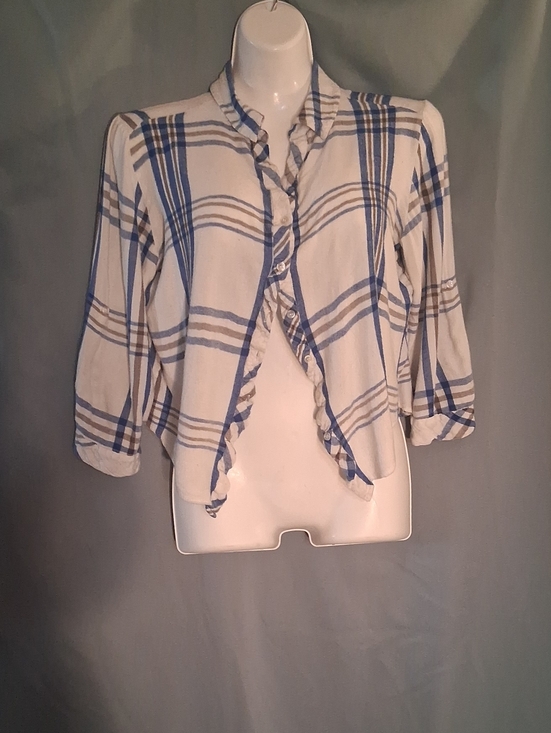 Hester & Orchard Tops - Blue Plaid Ruffle-Front Women’s Top